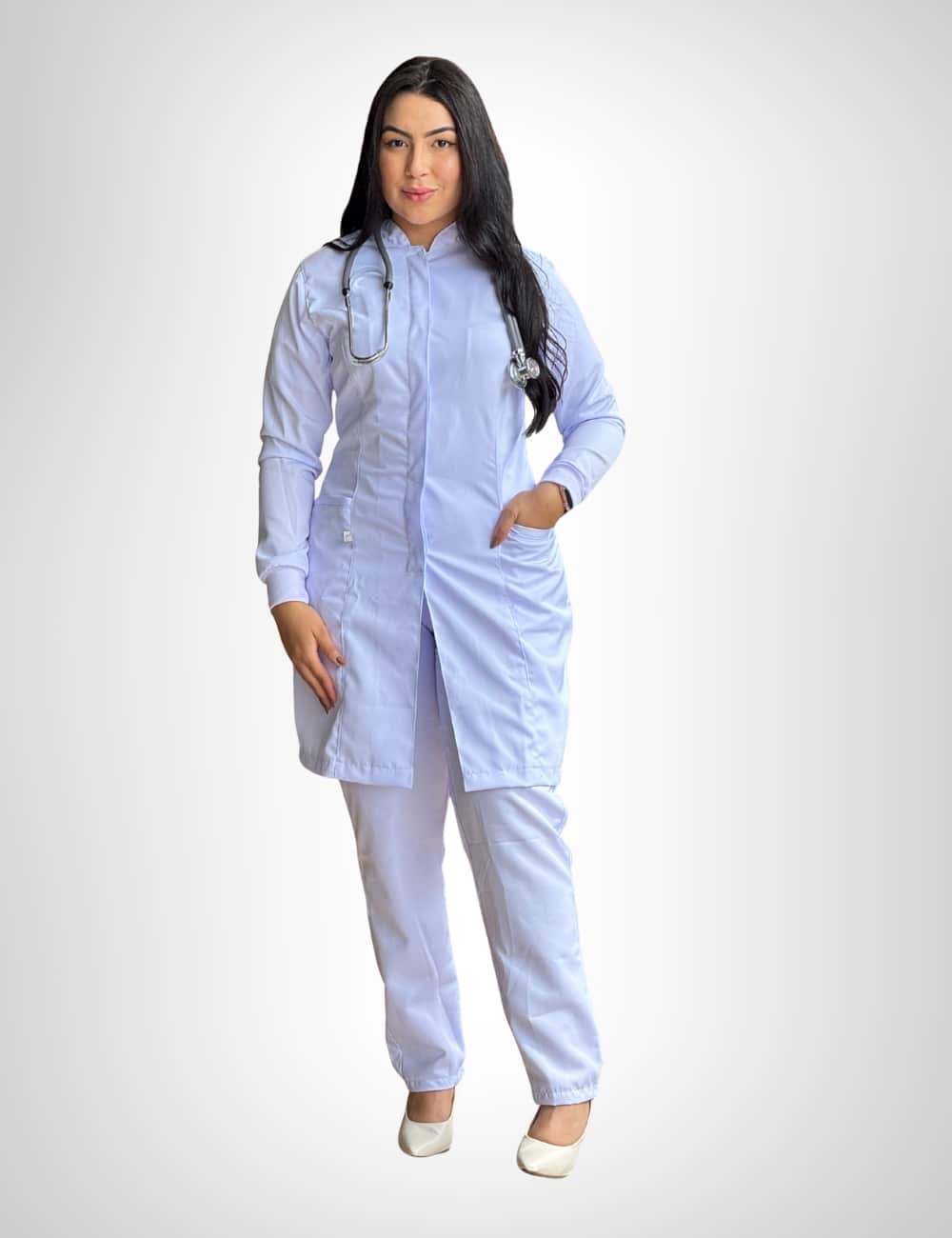 Jaleco Branco Feminino Gola Padre Com Punho De Malha