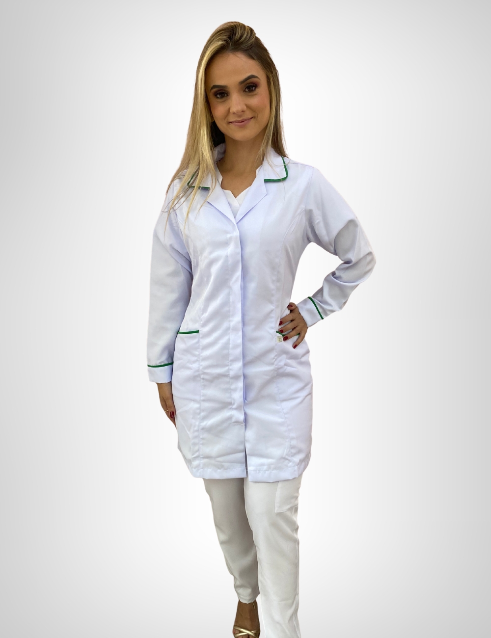 Jaleco Branco Feminino Gola Tradicional Com Viés