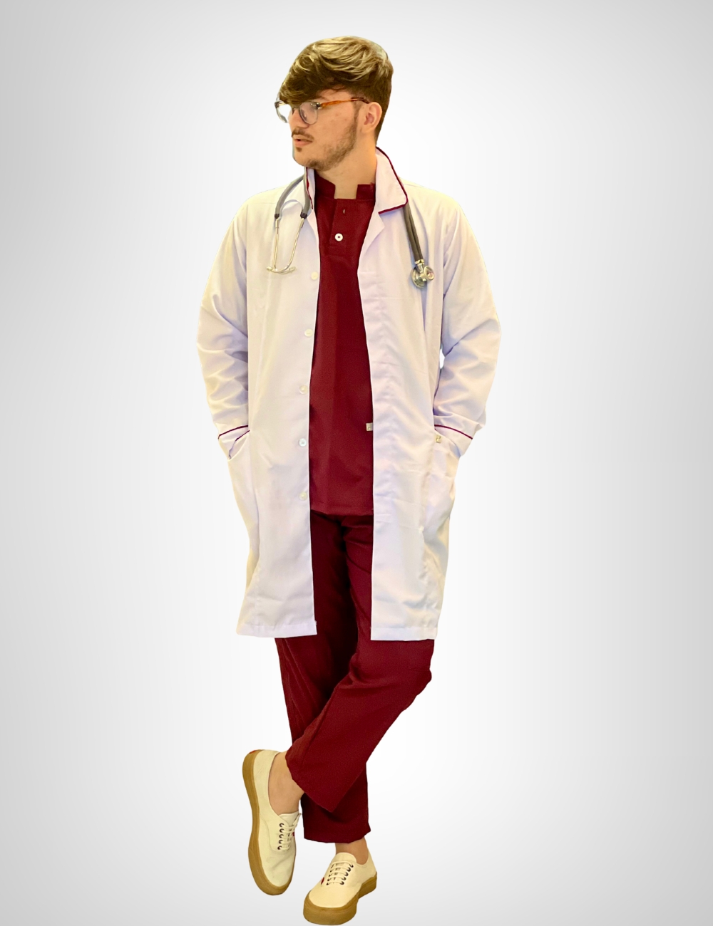 Jaleco Branco Masculino Gola Tradicional Com Viés