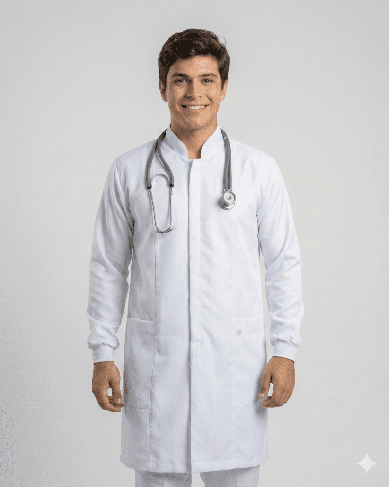 Jaleco Masculino Gola Padre com Punho de Malha em Gabardine - Branco