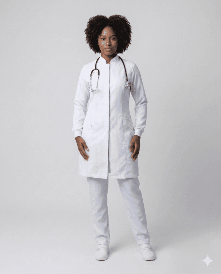 Jaleco Feminino Gola Padre com Punho de Malha em Gabardine - Branco