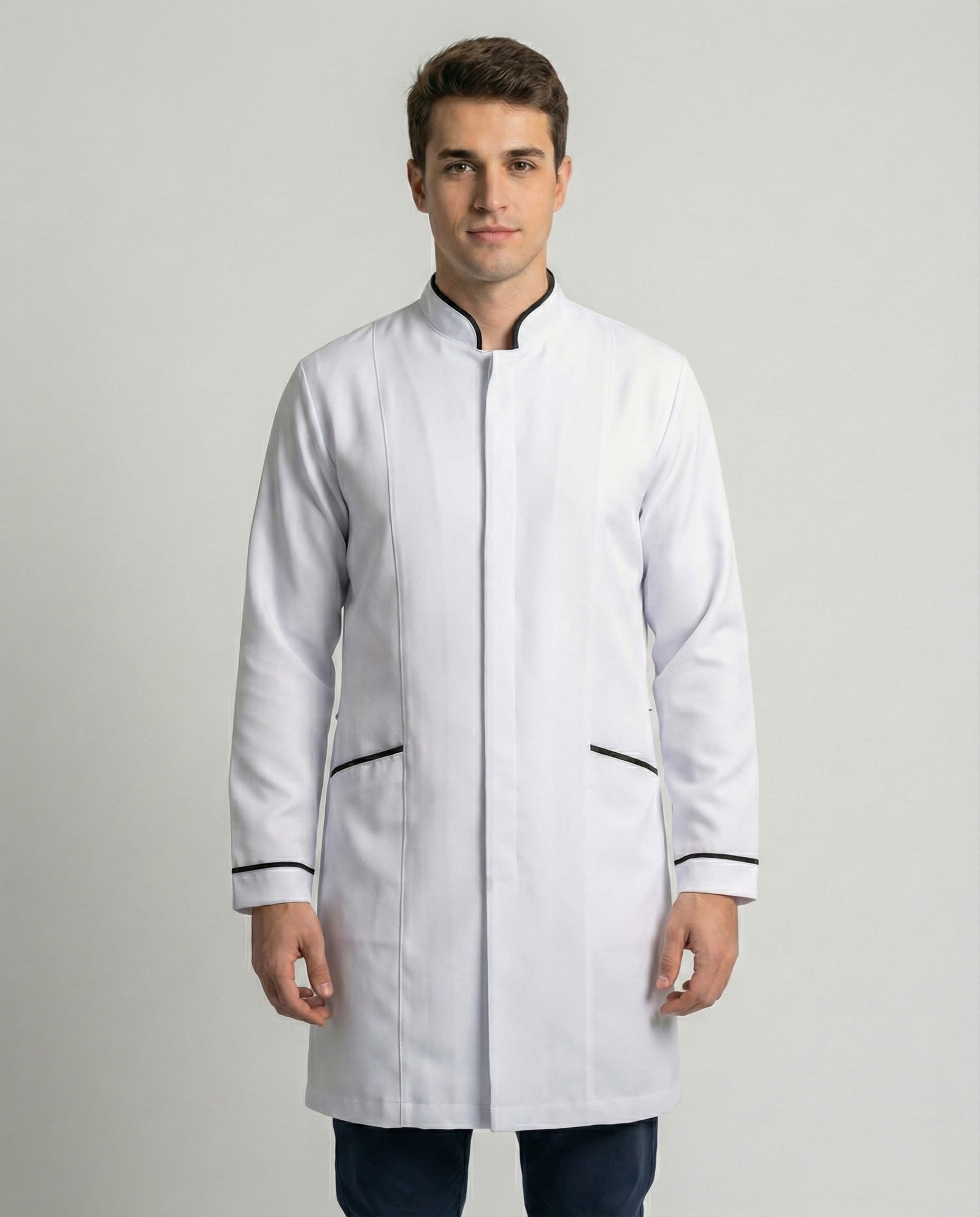 Jaleco Masculino Gola Padre com Viés em Gabardine - Branco